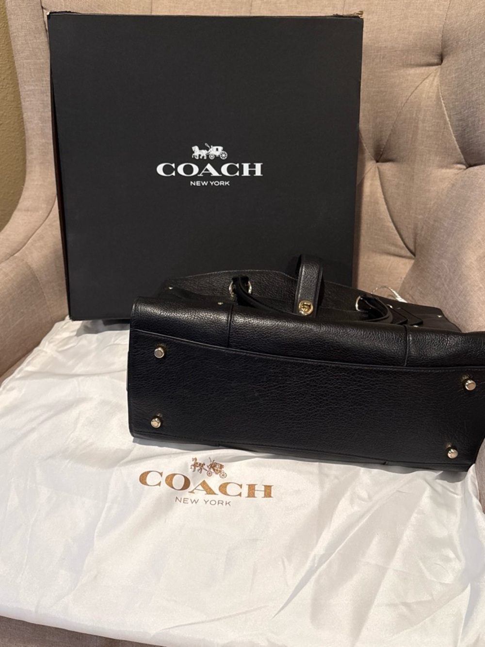 COACH Black Leather Tote with Gold Hardware - Picture 2 of 7